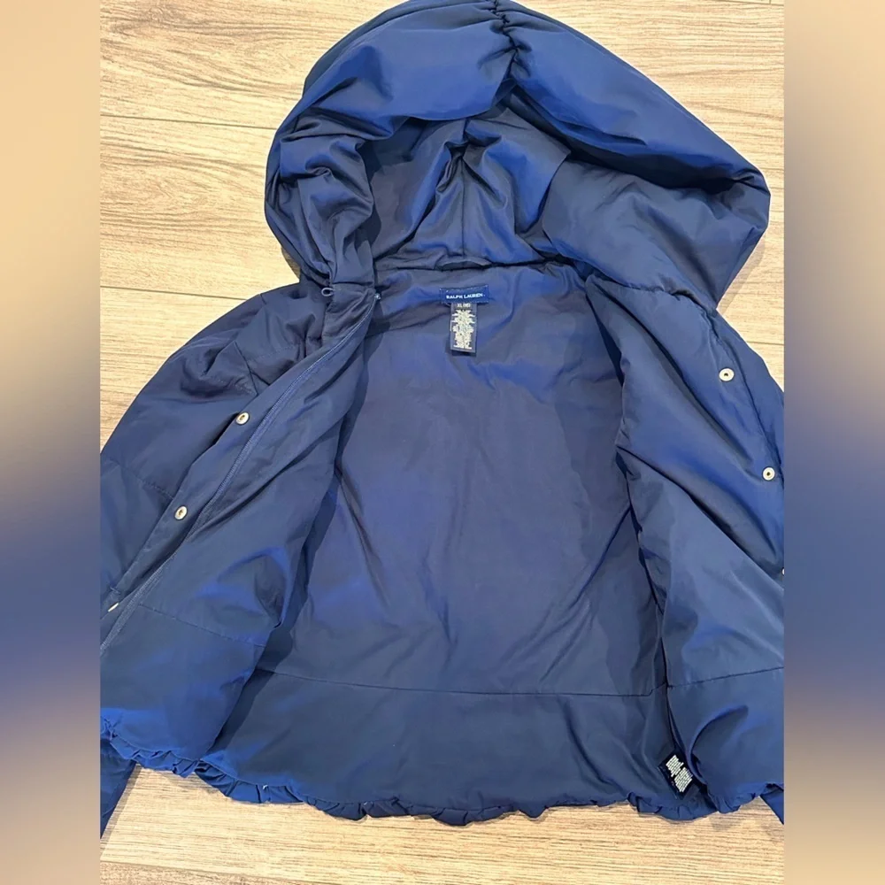 Ralph Lauren Girls XL 16 Navy Blue Down Hooded Jacket with Peplum Detail